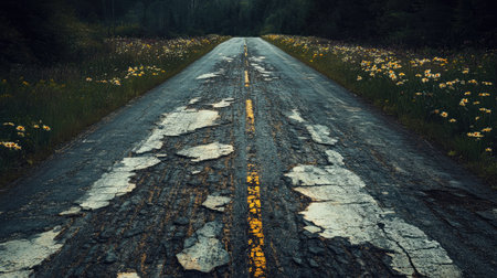 Rural cracked asphalt road flanked by wildflowers, emphasizing contrast between nature and decayの素材
