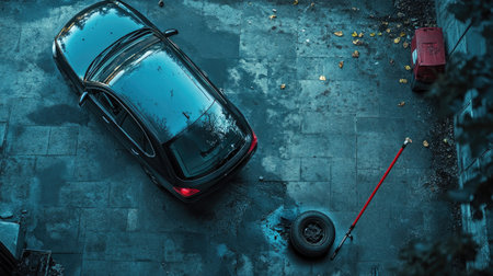 Overhead shot of a car with a flat tire and a jack positioned for a tire changeの素材
