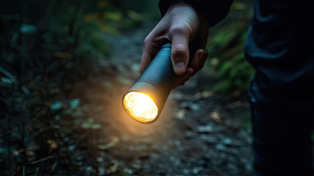 Portable LED flashlight held by hand, lighting the way on a dark hiking trailの素材