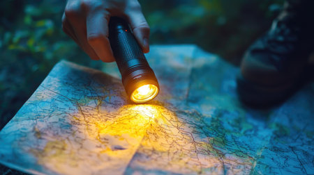Portable LED flashlight highlighting details on a trail map during nighttime navigationの素材
