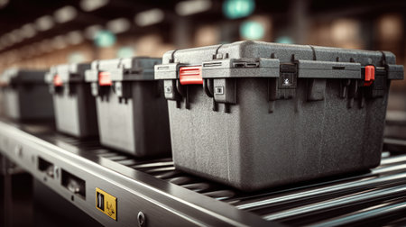 Row of gray plastic bins stacked at an airport security lane, with conveyor belt and metal detector in backgroundの素材