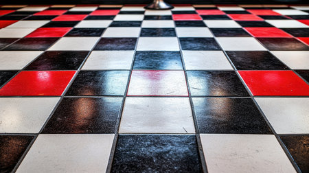 Retro diner scene with black and white checkered floor tiles and vibrant red accentsの素材
