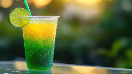 Plastic cup of green and yellow layered Italian soda with lime garnish on a glass patio tableの素材