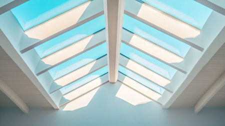 Architectural shot of clean-lined ceiling windows running across a vaulted ceiling in a modern homeの素材