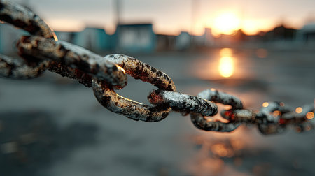 Close-up of a metal swing chain with soft sunlight glinting off the links, creating a warm, nostalgic effectの素材