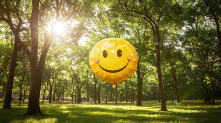 Large smiley face balloon in a bright park setting with lush trees and sunlightの素材