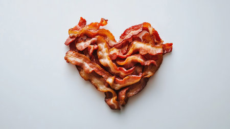 Fried bacon strips forming a heart shape, isolated on white for a fun and tasty concept imageの素材