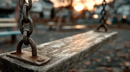 Empty chain swing hanging still on a playground under soft morning light, evoking calm and nostalgiaの素材