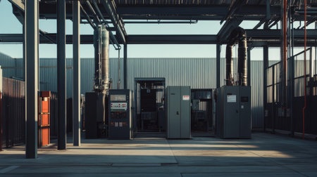 Industrial substation infrastructure with transformers, circuit breakers, and steel framework in a secure compoundの素材