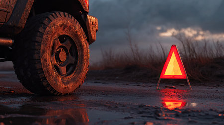 Flat tire on a parked SUV with a reflective warning triangle set up behind on the roadsideの素材