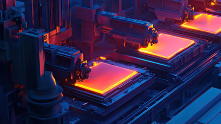 Factory floor with glowing iron ingots being processed through pressing machinesの素材