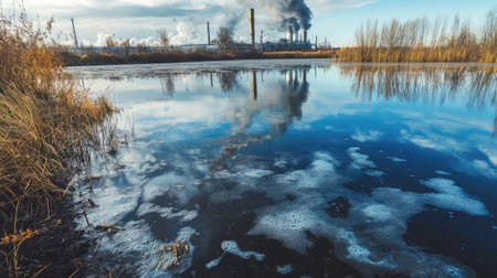 Industrial pollution entering a lake, mixing with natural water causing visible contaminationの素材