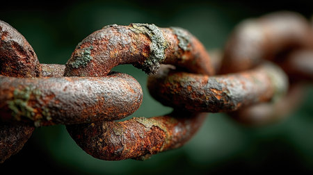 Detailed macro shot of rusty swing chain links, highlighting texture and age in a natural park environmentの素材