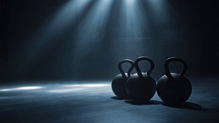High-contrast image of kettlebells under a spotlight, emphasizing shape and textureの素材