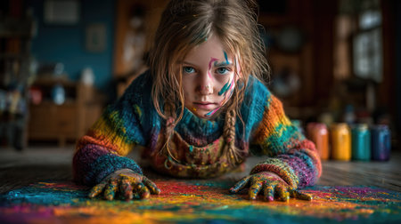Girl kneeling on the floor while painting on a canvas laid flat, using vibrant acrylics and getting paint on her handsの素材