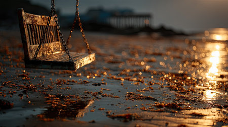 Ground-level view of a chain swing seat casting a shadow on sunlit sand, with bokeh in the backgroundの素材