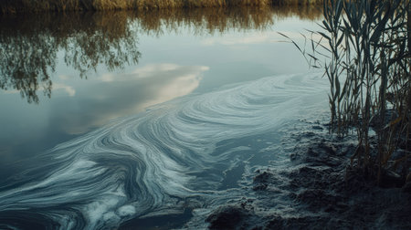 Dirty lake water with layers of sediment and pollutants swirling in a stagnant areaの素材