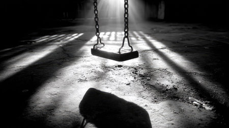 High-contrast black and white photo of a chain swing casting geometric shadows on a concrete playgroundの素材