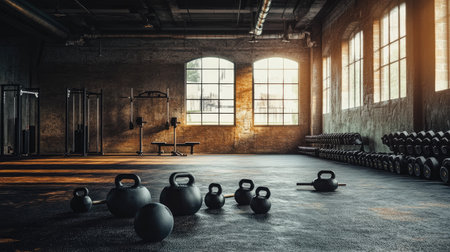 Industrial-style gym with kettlebells scattered on the floor after a circuit training sessionの素材