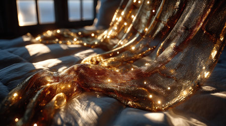 Gold mesh or net fabric shimmering under spotlight, creating dynamic patterns of light and shadowの素材