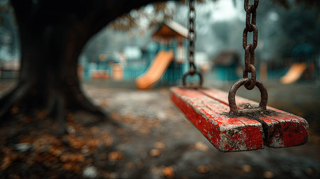 Isolated red swing on chains captured from behind, with a blurred view of a green park and slidesの素材