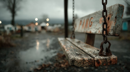 Old wooden swing seat with rusty chains hanging from a tall frame in a neglected rural playgroundの素材