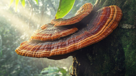 Reishi mushrooms protruding from tree bark, highlighted by morning sun rays through canopyの素材