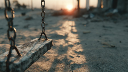 Playground swing hanging from metal chains, seat casting long shadows on the sand during golden hourの素材