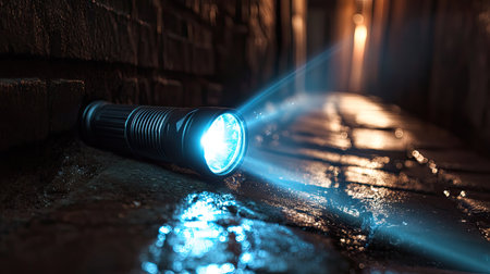 LED flashlight beam illuminating a narrow alleyway at night, with wet cobblestones reflecting lightの素材