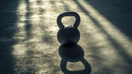 Single kettlebell in dramatic lighting on a concrete floor, casting a long shadowの素材