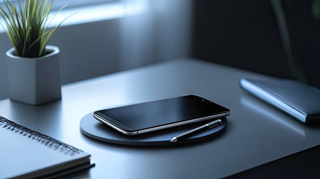 Smartphone resting on a wireless charging pad next to a notebook and pen on a deskの素材