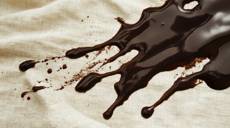 Spill patterns of dark coffee on a light cloth surface, showing saturation and fabric weaveの素材
