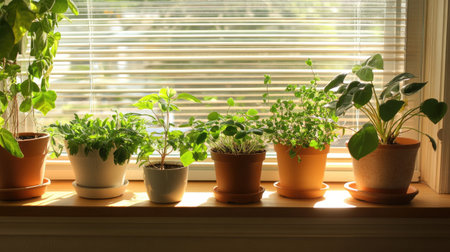 Soft natural light coming through open blinds onto indoor plants on a windowsillの素材