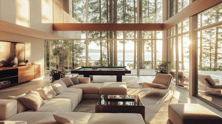 Sunlit living room with pool table near panoramic windows, modern furniture, and soft neutral tonesの素材