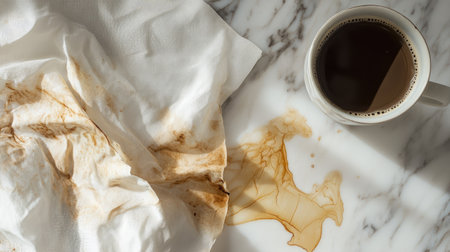 Stained cloth with coffee marks, crumpled beside a tipped-over coffee cup on a marble tableの素材