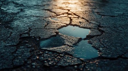 Weathered cracked asphalt road with small puddles collecting in crevices after rainの素材