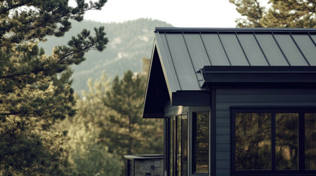 Zoomed-in detail of metal roof panels on a minimalist house with black trim and modern windowsの素材