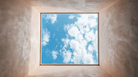 View from below of a slanted ceiling window with blue sky and clouds visible through the glassの素材