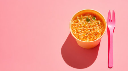 Bright studio shot plain background, foam noodle cup full of noodles and broth, pastel pink plastic fork at an angle, stylized shadow for graphic impact - product showcaseの素材
