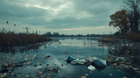 Trash and plastic waste partially submerged in murky, dirty lake water under overcast skiesの素材