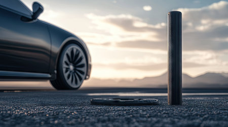 Tire iron and jack placed next to a car with a flat tire on an empty asphalt roadの素材