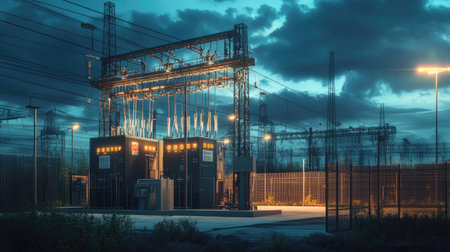 Transformer substation with labeled equipment, safety signage, and secure fencing for restricted accessの素材