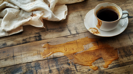 Wrinkled cloth with fresh coffee stains next to a spilled cup, on a wooden kitchen surfaceの素材