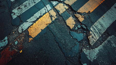 Urban street with extensive cracks and potholes in the asphalt, highlighting road wear and tearの素材