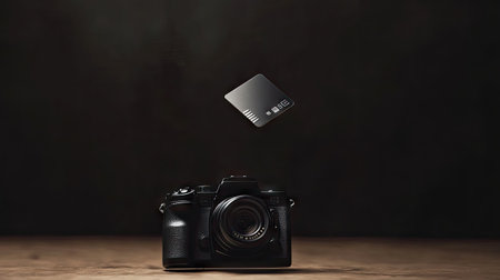 A memory card floating above a camera in a creative levitation shot with dark studio lightingの素材