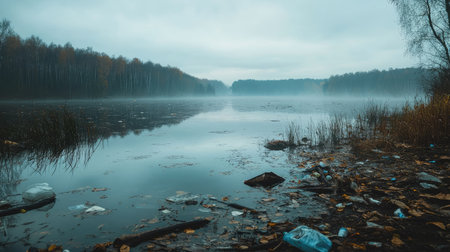 Trash and plastic waste partially submerged in murky, dirty lake water under overcast skiesの素材
