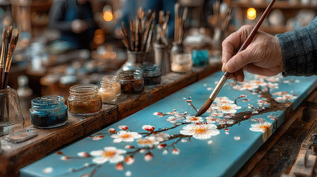 Young artist painting flowers with acrylics on a canvas, using fine brushes and precise strokesの素材