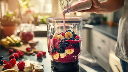 A person pouring almond milk into a blender filled with fresh berries, bananas, and protein powder in a bright kitchen settingの素材