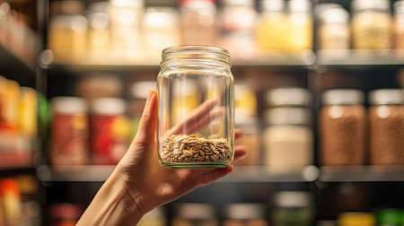 A hand holding an empty glass jar against a blurred pantry backdrop with shelves full of dry food storage containersの素材