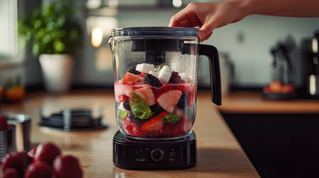 Blender full of chopped ice, berries, and coconut water on a kitchen island, with someone's hand pressing the power buttonの素材